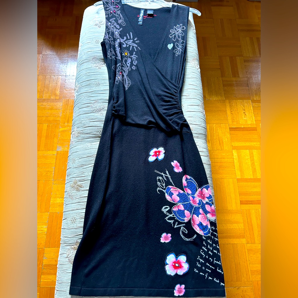 Desigual Black Dress With Inspiring Messages And Swarovski